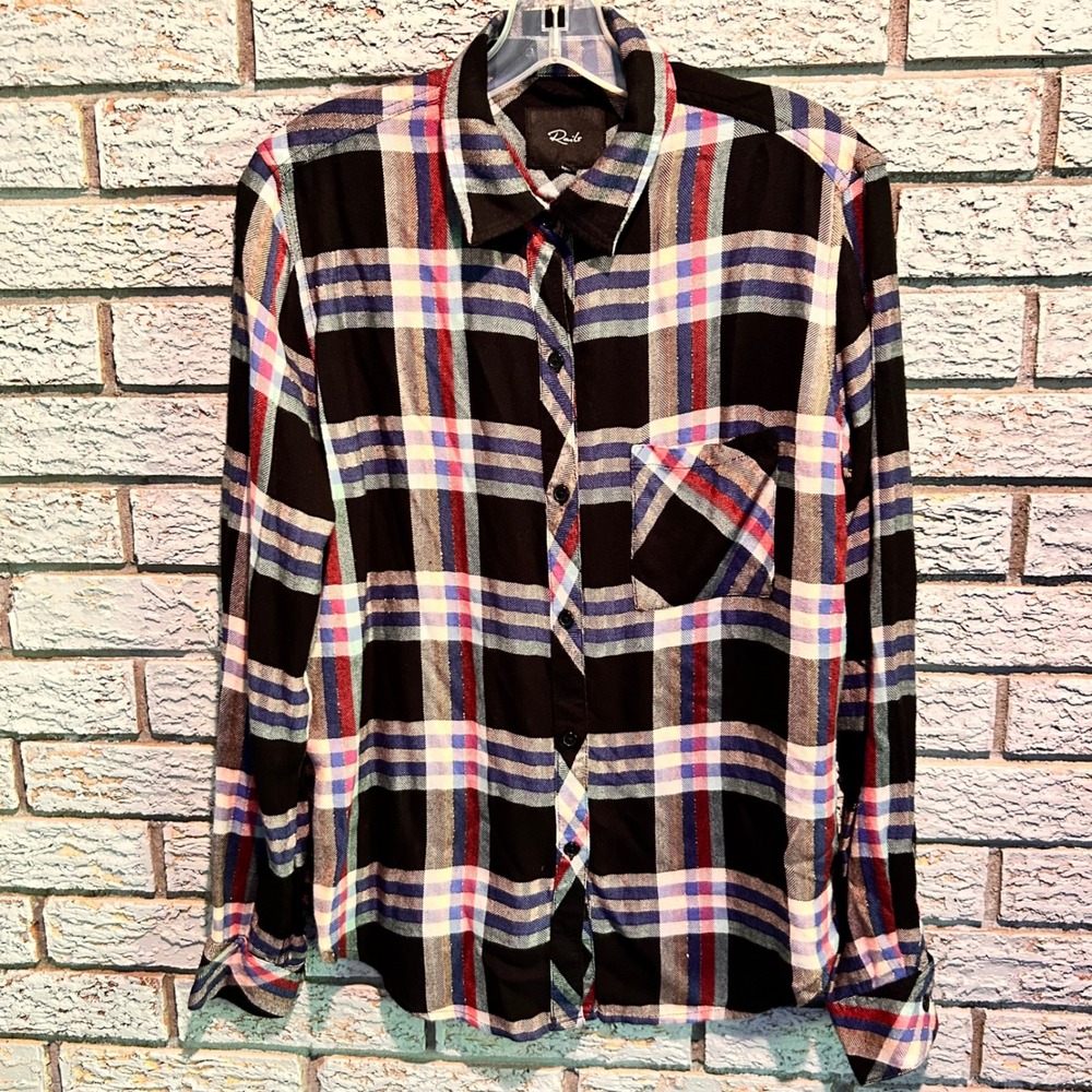 Rails Hunter Plaid Button Down Shirt Small Black Blue Pink Metallic Lurex Rayon